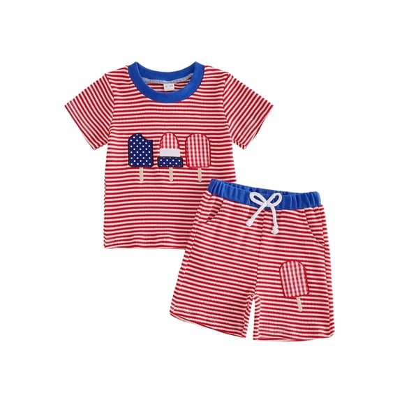 BemeyourBBs Toddler Baby Boy Girl 4th of July Outfit Patriotic Independent Day Summer Clothes Fourth of July Popsicle Embroidery Waffled Striped Short Sleeve T Shirt Tops and Pockets Shorts 2Pcs Set
