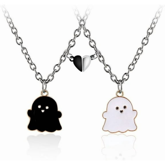 2Pcs Lovely Magnetic Love Heart Ghost Pendant Necklace Set for Women Men Best Friend Enamel Mutual Attract Magnet Couple Matching Necklace Jewelry Birthday Gift