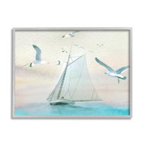 Stupell Seagulls Flying Ocean Sailboat Landscape Painting Gray Framed Art Print Wall Art