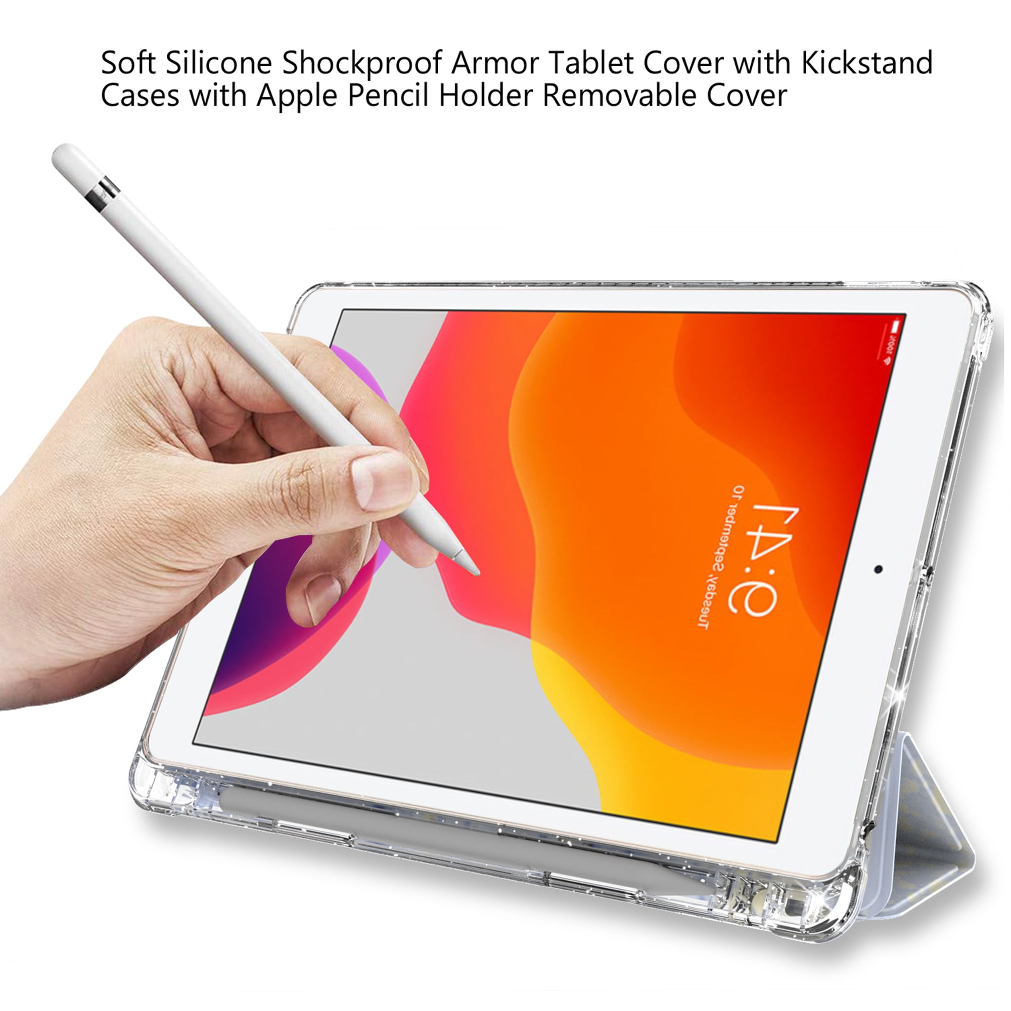 Dteck Compatible with iPad 8th Generation / iPad 7th Generation Case, iPad 10.2 Inch Cases with Pencil Holder, Flip Smart Case Trifold Stand Glitter Clear Back Cover,06 Blue Marble
