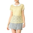thumbnail image 5 of MODA NOVA Junior's Contrast Doll Collar Short Sleeve Tops Sheer Lace Top Yellow S, 5 of 5