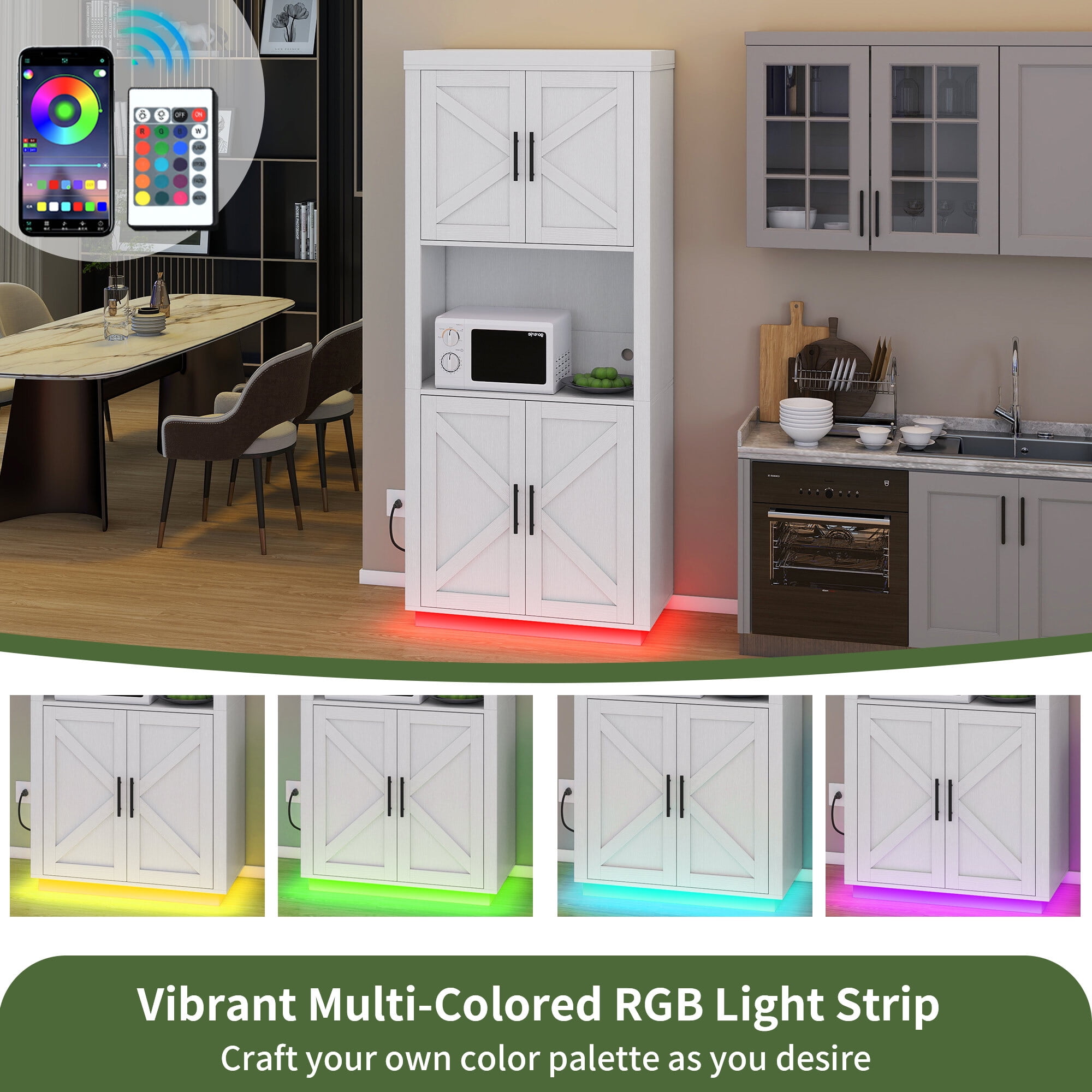 Uforic Kitchen Pantry Cabinet with Power Outlets & LED Lights, Farmhouse Storage Cabinet, White