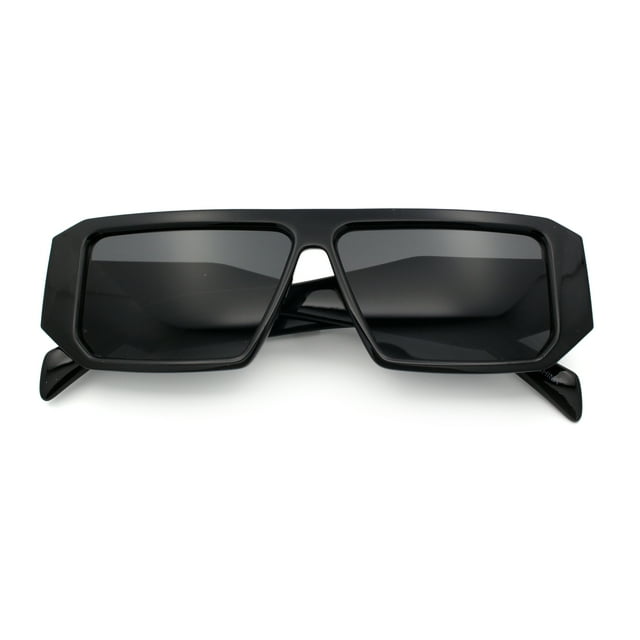 Womens Mod Flat Top Square Rectangle Beveled Diamond Cut Arm Plastic Sunglasses All Black
