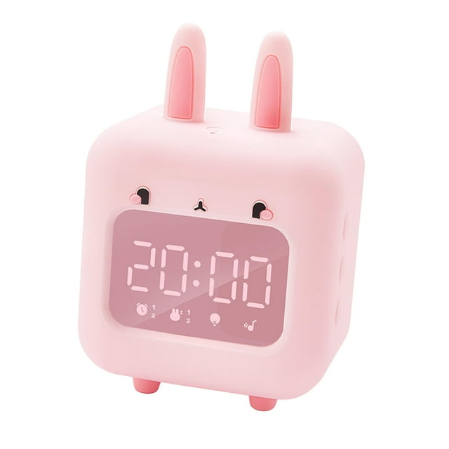 Reloj despertador con forma de conejito, herramientas para mesa de despertador, relojes de escritorio, luz nocturna, alarma musical Rosado