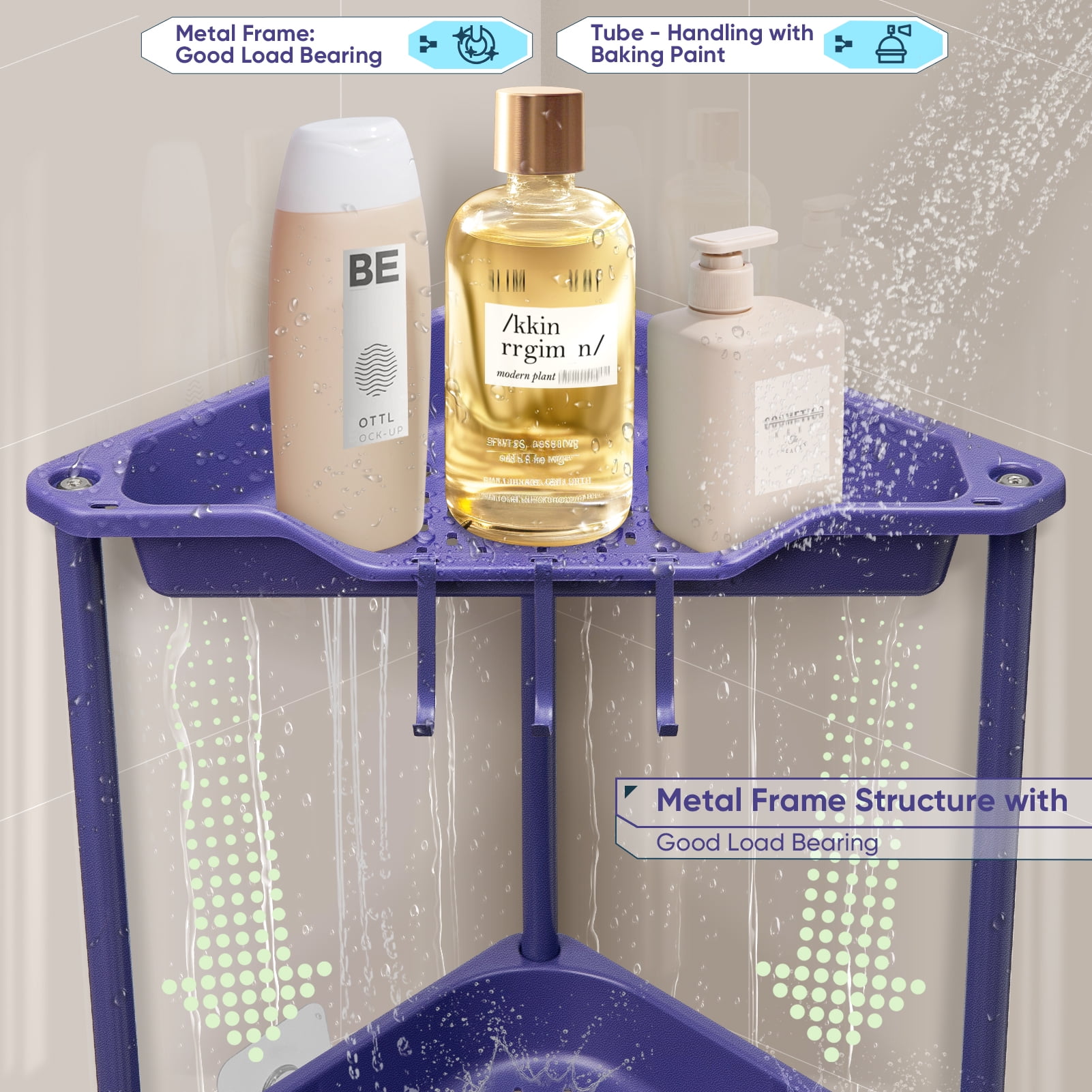 2 Tier Standing Shower Caddy for Bathroom Organizer: Rustproof Corner Shower Shelves Storage with Large Capacity - Shower Organizer Rack for Bathroom Essentials, Purple