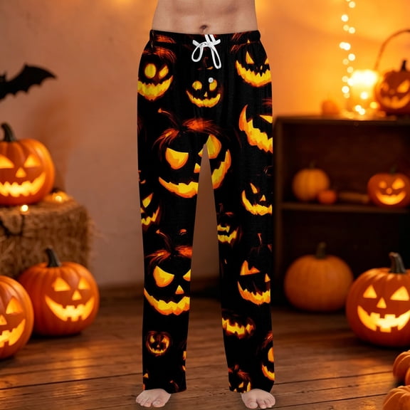 Halloween Lounge Pants for Men, Drawstring Sleep Bottoms with Psychedelic Rainbow Pumpkin & Star Print, Soft Lightweight Casual Trousers, Elastic Waist Pajama Leggings, 1 Pair Black L