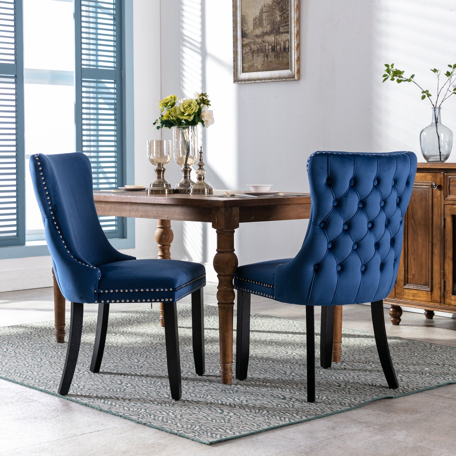 PORKISS Upholstered Dining Chairs Set of 2, Armless Side Chairs with Backstitching Nailhead Trim and Solid Wood Legs, Modern Velvet High Back Chairs, Blue