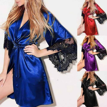 

Fusipu Women Sexy Solid Color Lace Patchwork Half Sleeve Belt Nightdress Bath Robe