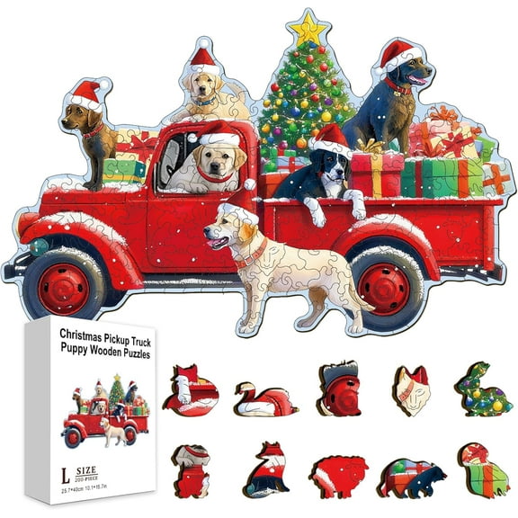 200Pcs Christmas Pickup Truck Puppy Wooden Jigsaw Puzzles for Adults 15.8x10.1inch Christmas Scene Colorful Unique Animal Shaped Jigsaw Puzzles for Holidays Birthday