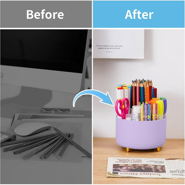 360 Degree Rotating Acrylic Desk Organizer - 6 Compartment Pen Holder For Office, Makeup, Kitchen
