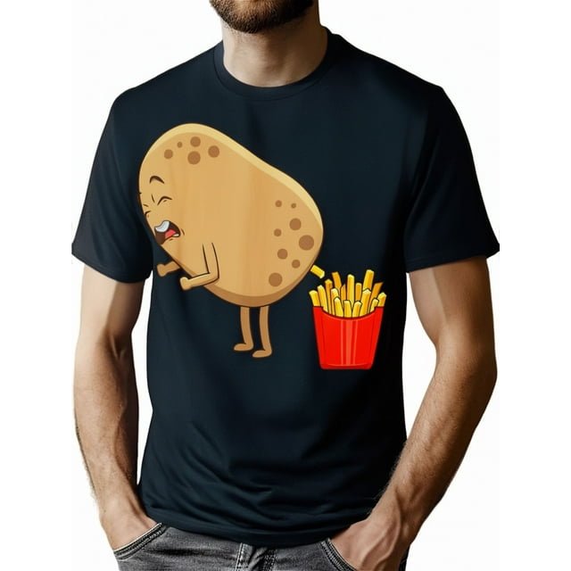 T-Shirt Graphique Pomme de Terre et Frites, Coton Unisexe Col Rond Manches Courtes, Motif Géométrique Haut Décontracté, Adapté à Toutes les Saisons, Coupe Régulière Fête des Pères, Fête des Mères, Nouvel An, Printemps