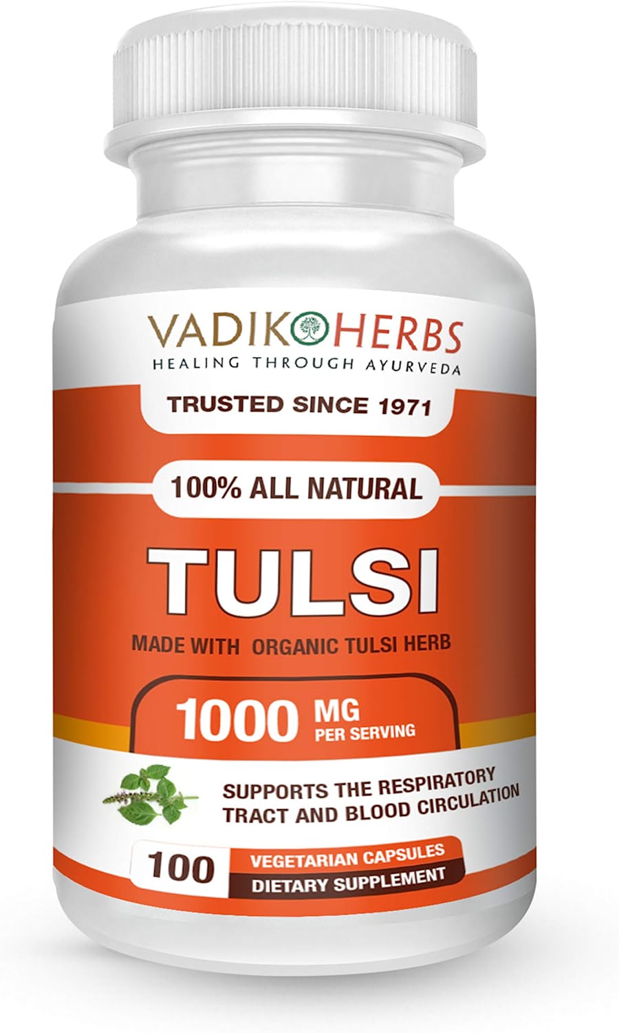 Vadik Herbs Tulsi (Holy Basil) Ultra potency in a pure vegetarian capsule. 1000 mg/dose