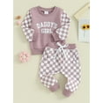 thumbnail image 3 of Suealasg Toddler Baby Girl Fall Tracksuit Outfits Clothes 6M 1T 2T 3T Kids Girl Long Sleeve Letter Sweatshirt + Checkerboard Pants Set 2PCS Casual Autumn Clothing for Children Girl, 3 of 9