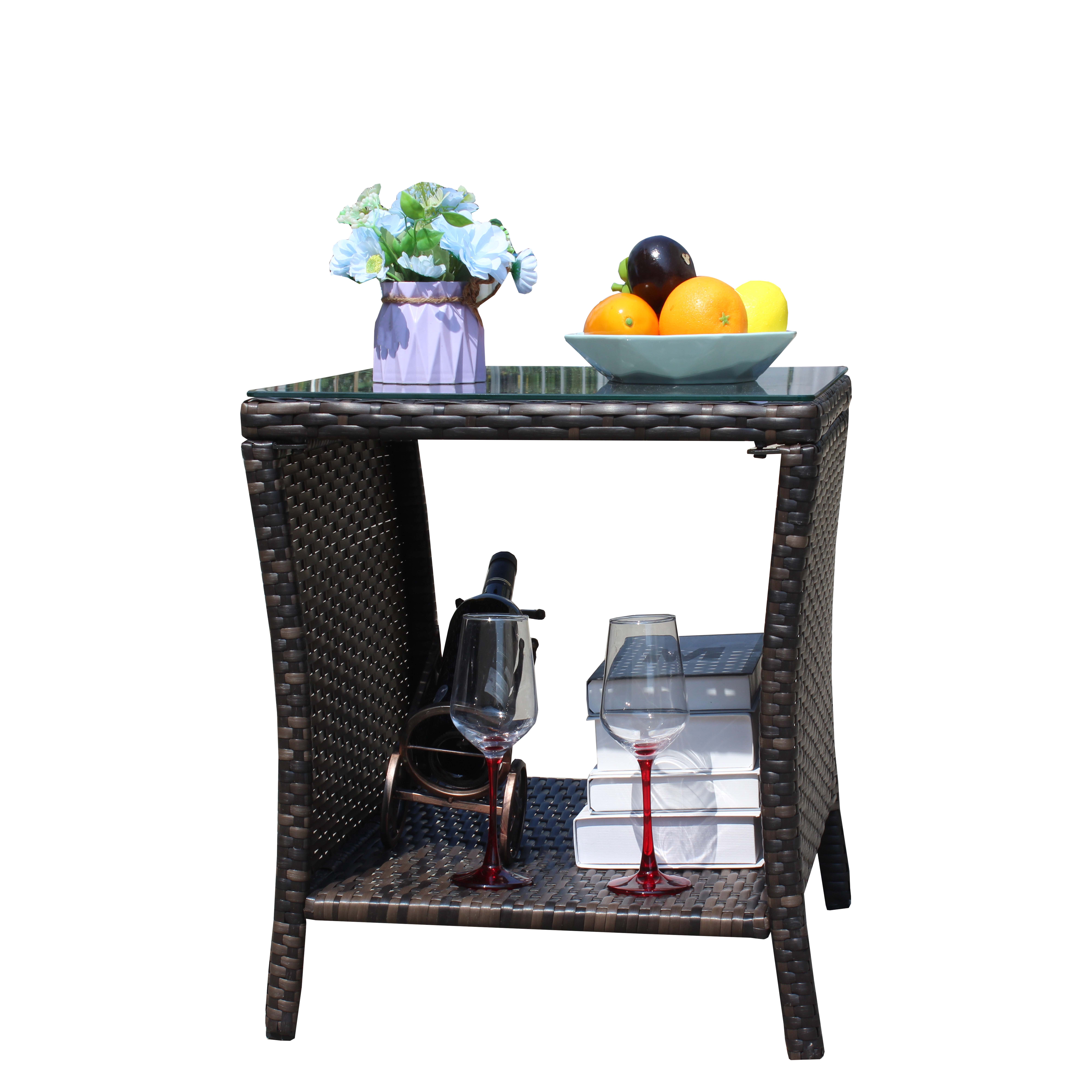 PE Rattan Outdoor Patio Coffee Table with 0.2 Inch Clear Tempered Glass Top, 19.25×19.25×21 Inch Steel Frame Side Table, 120LBS Weight Capacity UV & Water Resistant Garden Deck Table