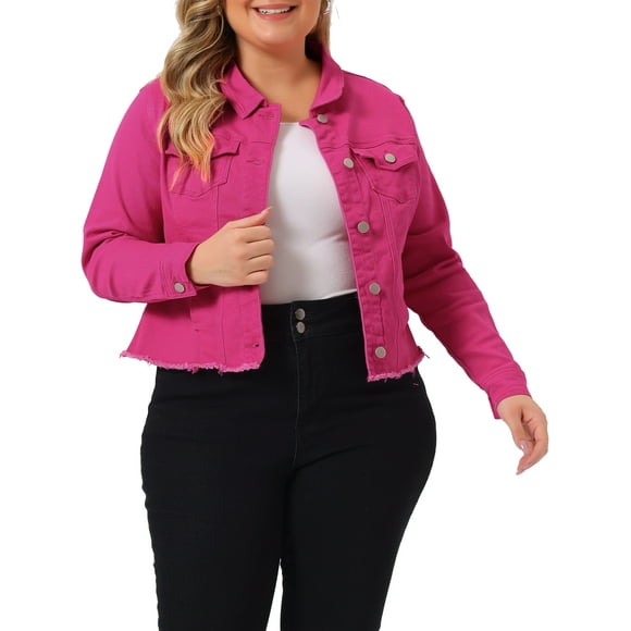 Agnes Orinda Women's Plus Size Jean Jackets Long Sleeves Washed Denim Coats with Pockets 2X Hot Pink