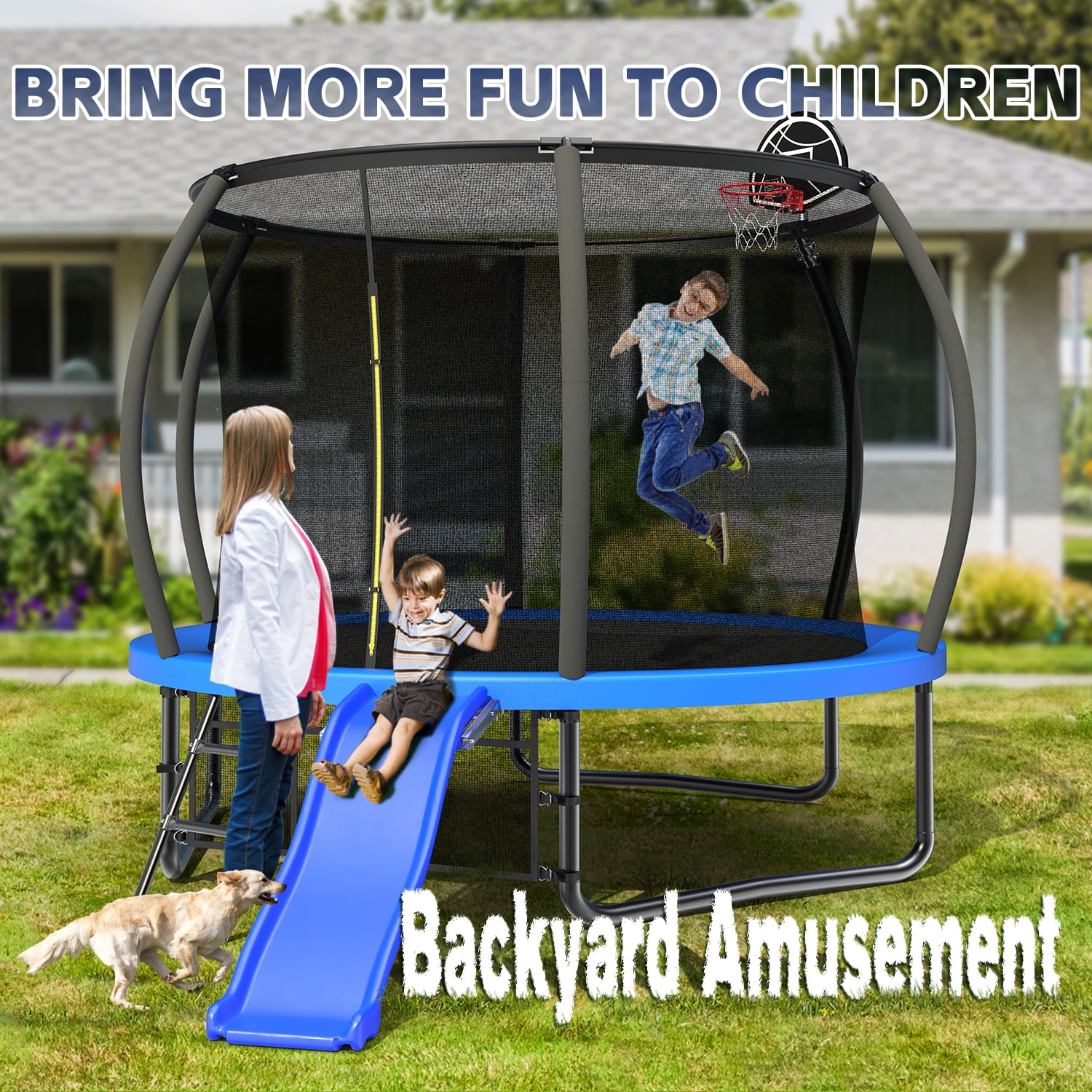 Mersco 10FT Heavy Duty Backyard Trampoline with Enclosure Net, Slide and Basketball Hoop , Ideal Birthday and Holiday Gift,Blue