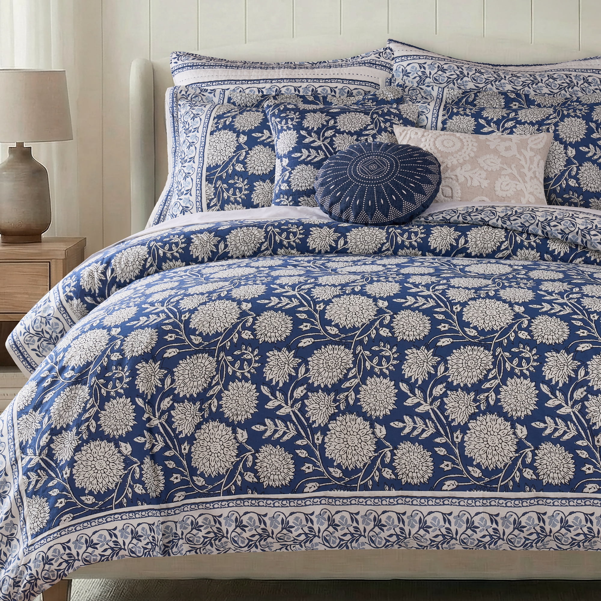 Levtex Home Adare Denim Reversible Queen Duvet Cover Set (90x94in) with 2 Pillow Shams (26x20in) - Floral Bedding - Blue and White - 100% Cotton Queen Size Duvet Cover Set - Soft, Pre-Washed