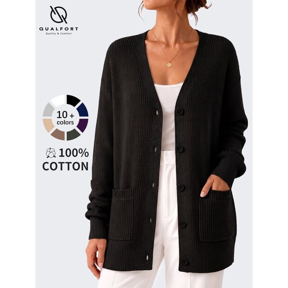 QUALFORT Cardigan Sweaters for Women, 100% Cotton V Neck Cardigan, Button Front Knit Sweater with Pockets, Long Sleeve Relaxed Fit, Black L