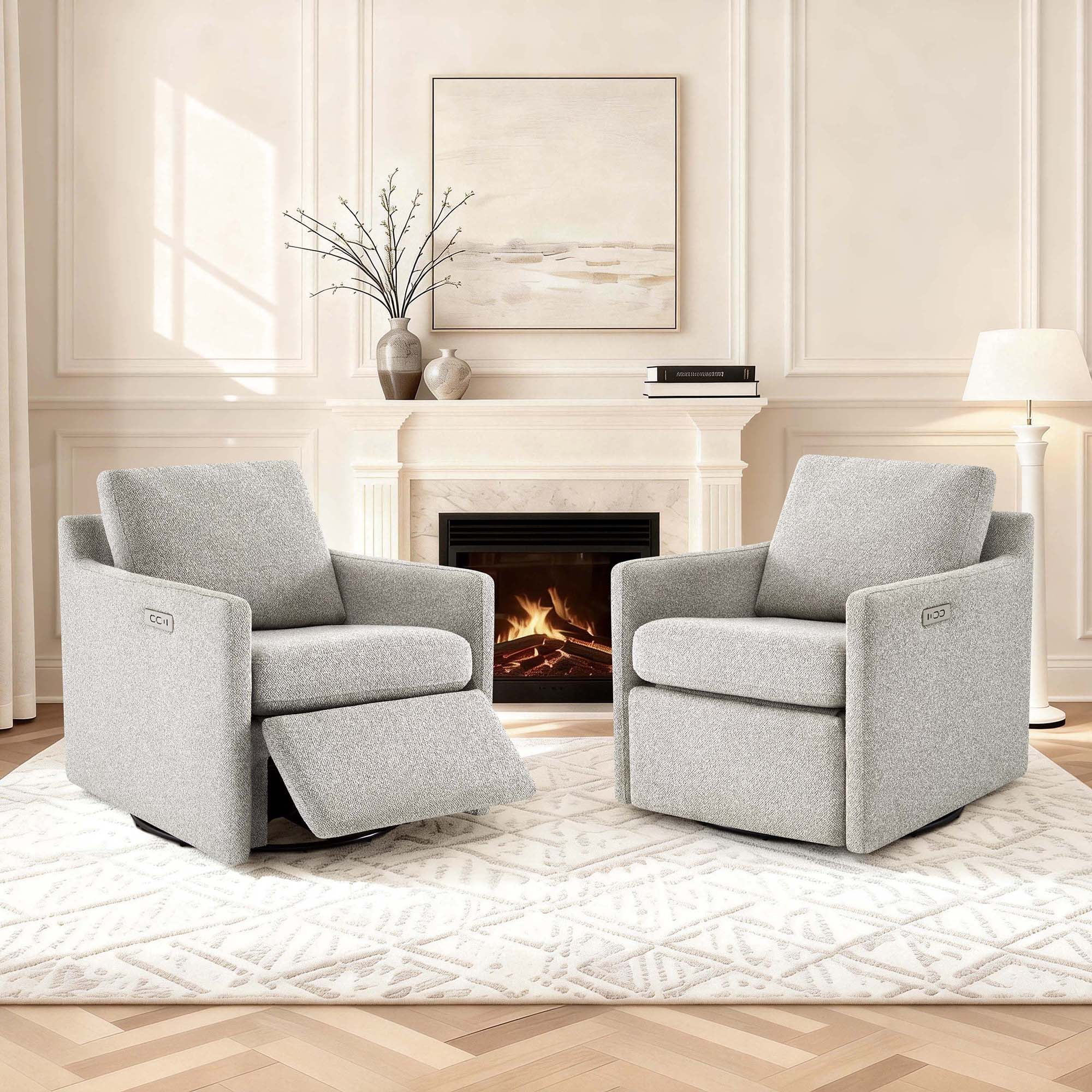 Spruce & Spring 270-Degree Swivel Accent Chair with Power Footrest & Charging Ports, Light Gray