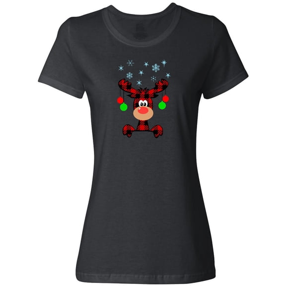 Inktastic Cute Flannel Reindeer with Christmas Bulbs and Snowflakes Women's T-Shirt