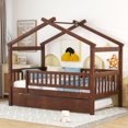 thumbnail image 3 of Harper & Bright Designs Twin Size Wooden House Bed with Trundle, Wood Montessori Daybed Frame with Roof and Safety Guardrail for Boys Girls, Walnut, 3 of 12
