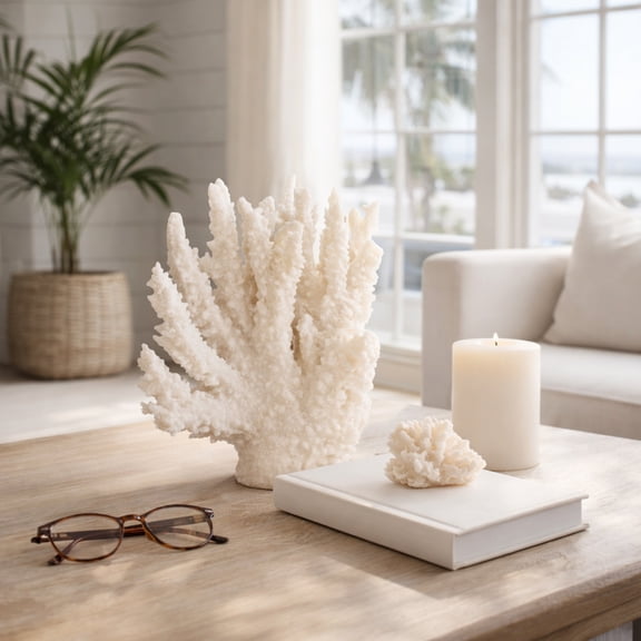 Decorative Coral Sculpture for Living Room Decor - Coastal Beach Decor for Entryway, Console Table, and Bathroom Accent - 10", White