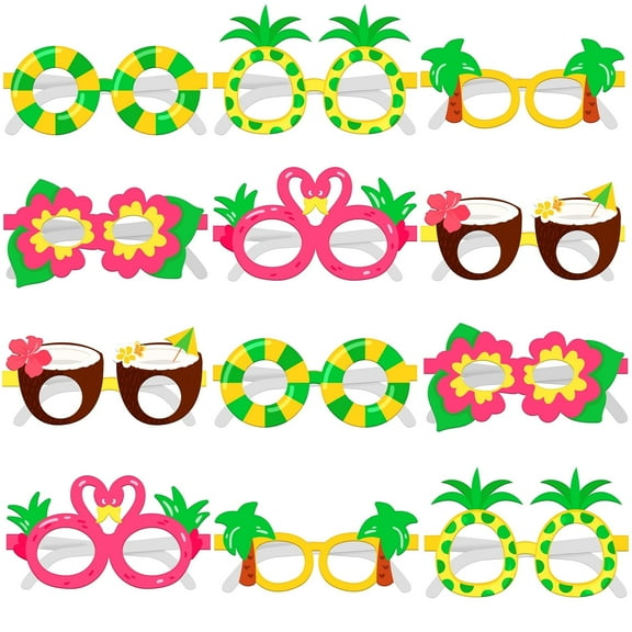 KatchOn, Hawaiian Luau Party Glasses - Pack of 12 | Luau Photo Booth Props, Luau Party Decorations | Luau Glasses for Hawaiian Party Decorations | Hawaiian Glasses for Beach Themed Party Decorations