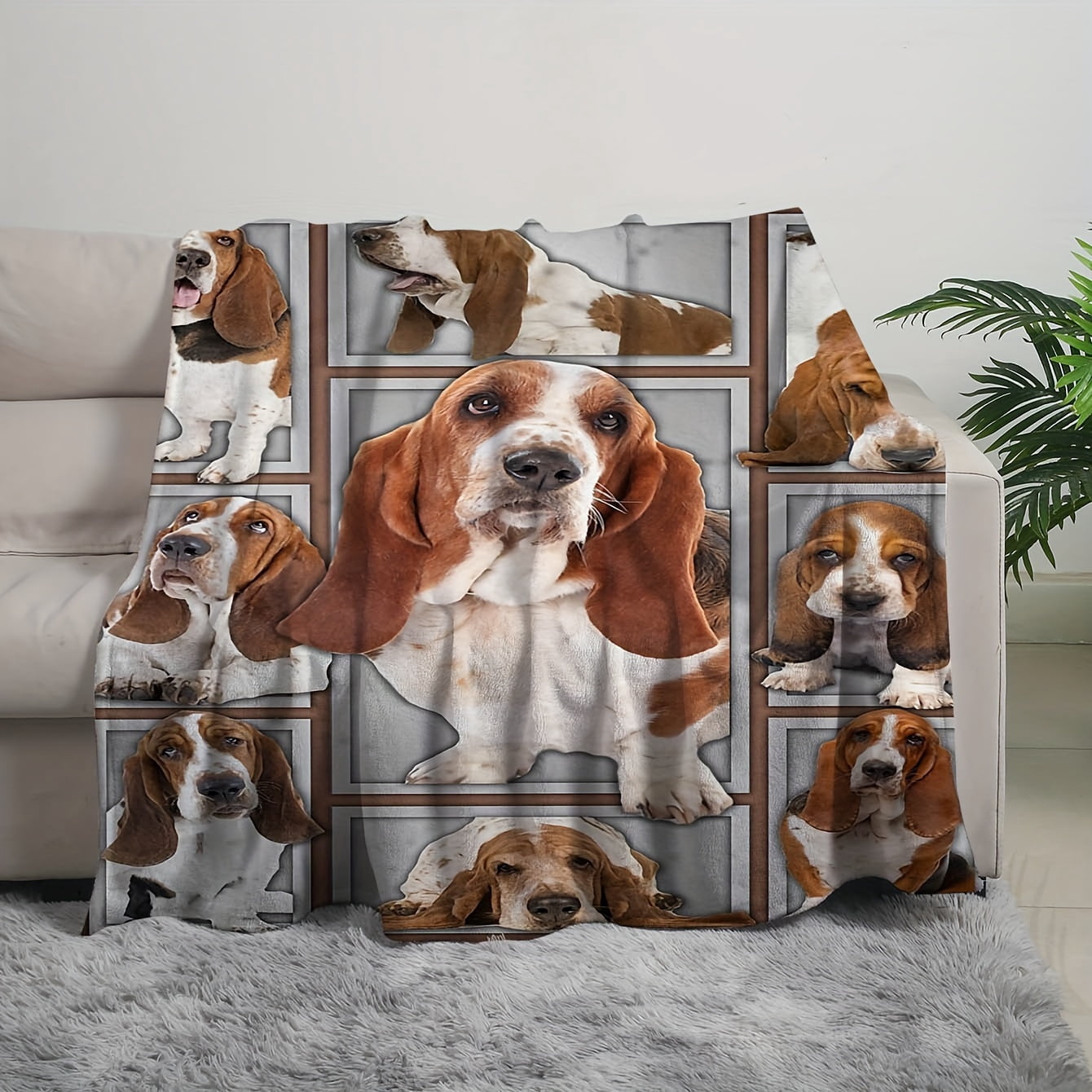 Reversible Basset Hound Flannel Throw Blanket - All-Season Cozy Knitted Blanket with Realistic Dog Print, 100% Polyester, Machine Washable, Red & White Design, Perfect for Home or Travel