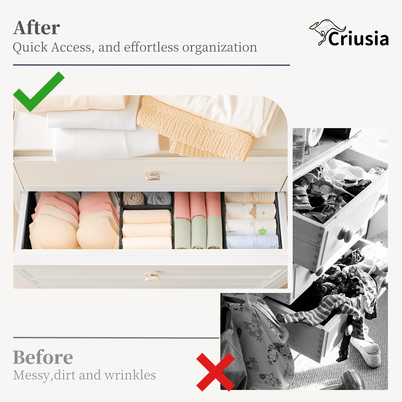 Criusia Drawer Organizer Clothes, Foldable Closet Organization and Storage for Nursery, Bedroom, Black
