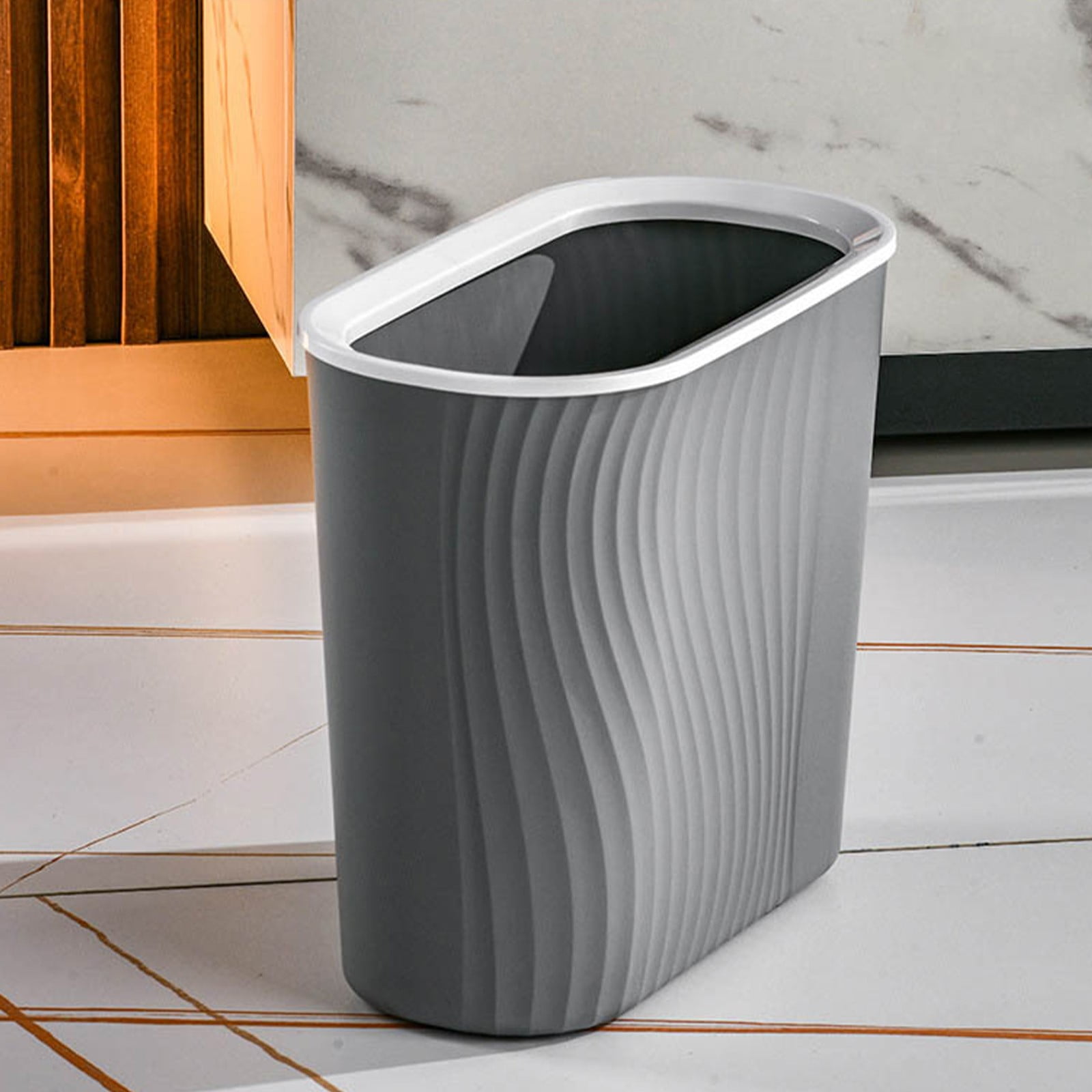 Cagogo Wastebasket, Plastic Trash Can, Striped Seamless Design for Home Kitchen Bathroom, Blue Gray White Small Garbage Bin for Office Garage Dorm