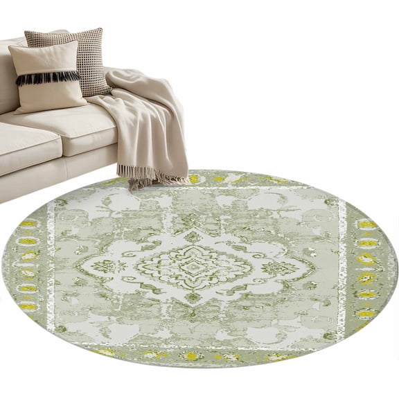 Sage Green Large Area Rugs for Bedroom Living Room, Soft Non Slip Carpet Bedside Rug, Boho Retro Decorative Abstract Floral Ethnic Round Floor Cover Kitchen Accent Rug 4' for Dining Room/Office