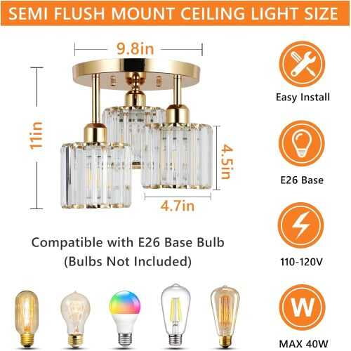Semi Flush Mount Light,3-Light Modern Close to Ceiling Fixtures,Black Kitchen with Clear Crystal Shade,Hallway Light Fixtures for Hallway Bedroom Bathroom