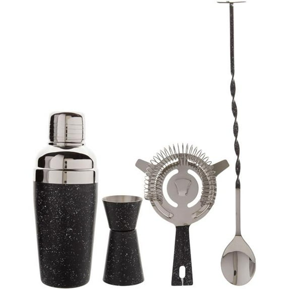 Home Essentials & Beyond 55012 Black Speckled Cocktail Shaker Set with Tools, Set of 4