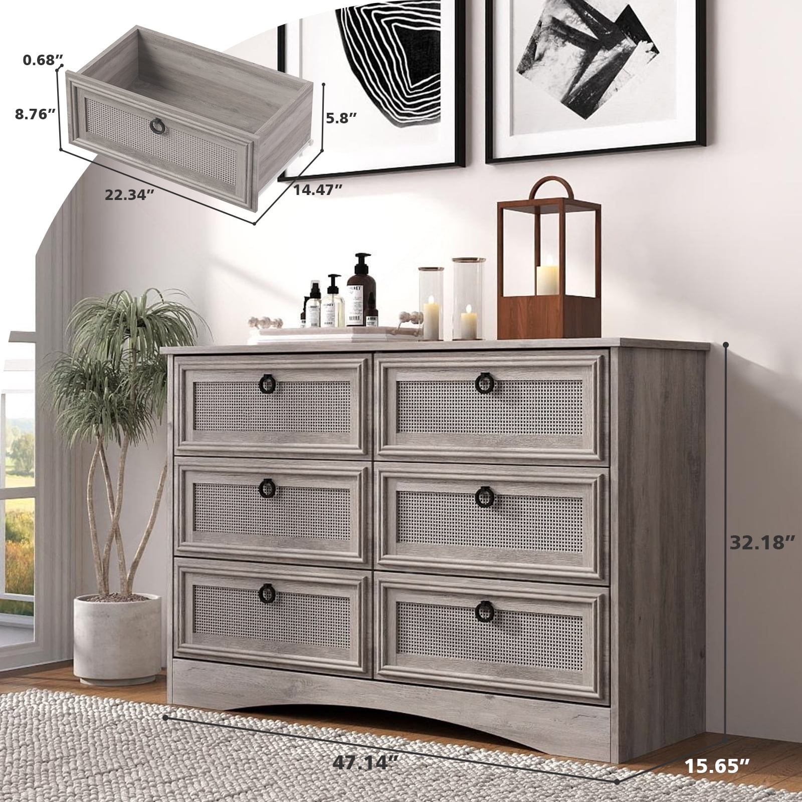 HUJAUU 6 Drawer Dresser for Bedroom, Rattan Wide Chest of Drawers for Living Room, Gray
