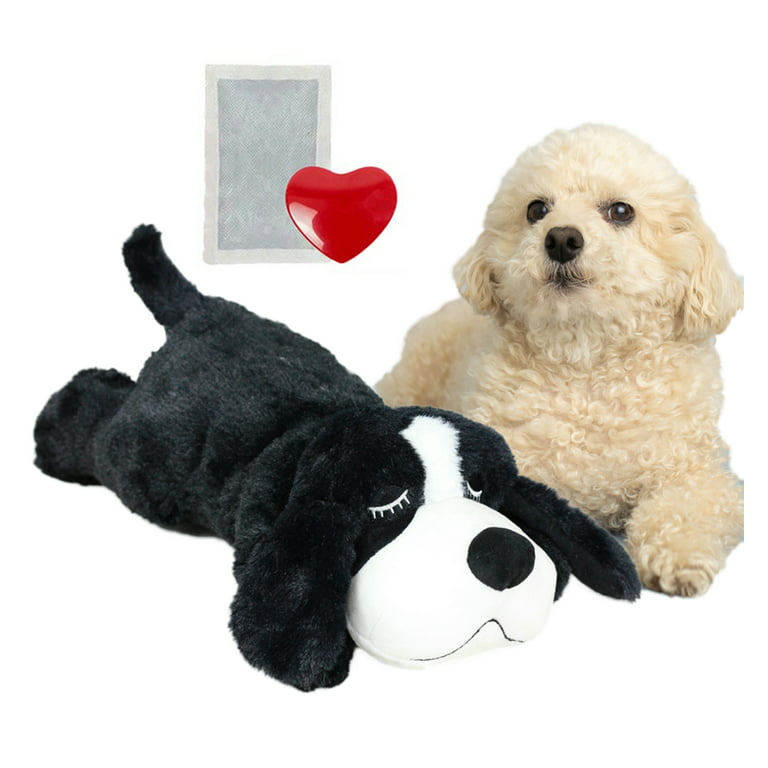 AIPINQI Doggy Heartbeat Stuffed Toy, Pet Anxiety Relief Sleep Aid Calming Toys, Black White , Black White Dog