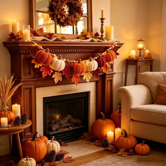 Hand-Crocheted Halloween Pumpkin Garland with Maple Leaves, Acrylic Yarn Decor for Home and Thanksgiving Party Multicolor