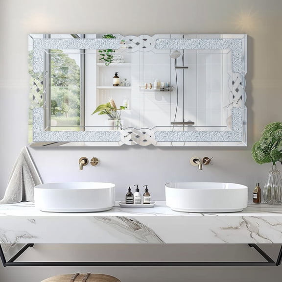 LUVODI 47.24in Crushed Diamond Wall Mirror Glass Silver Wall Mirror with Crystal Diamonds Inlay Edge