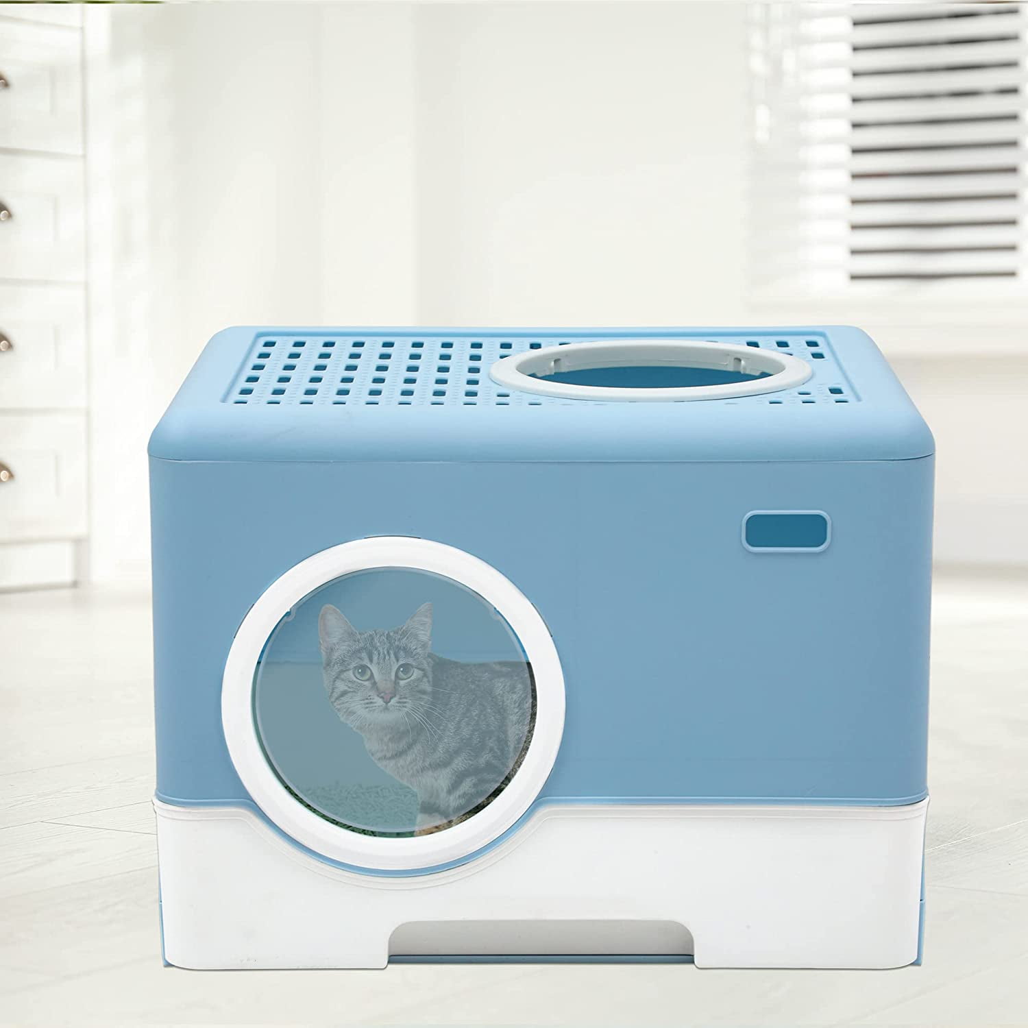 Dextrus Large Enclosed Cat Litter Box with Lid Cover&Litter Scoop,Front Entry Top Exit Door,Odorless Enclosed Design with Drawer, and Easy Cleaning (Blue)