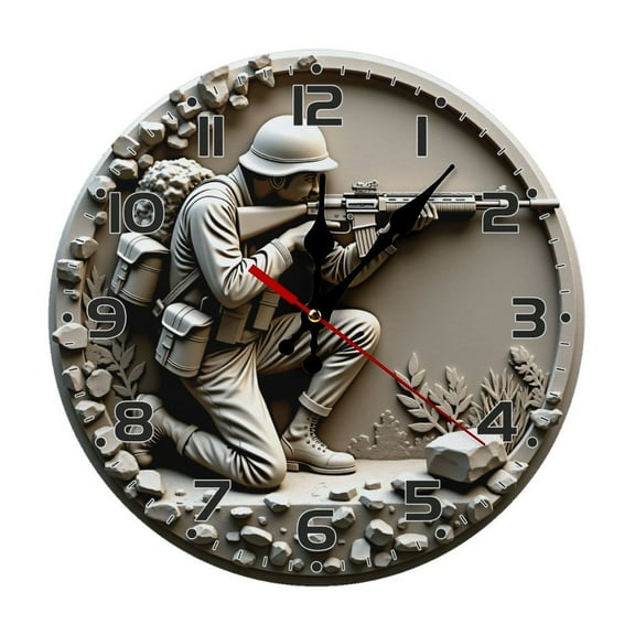 Military Soldier Wall Clock 10 Inch Silent Non Ticking Round Clock Decoration for Living Room Kitchen Bedroom Bathroom Office Classroom