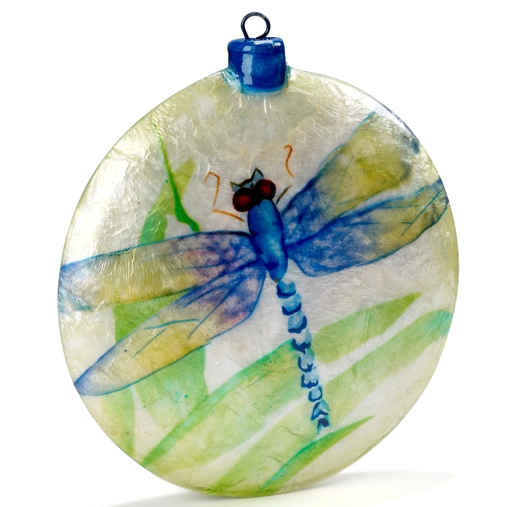 Blue Dragonfly Capiz Disk Christmas Tree Ornament Decoration New
