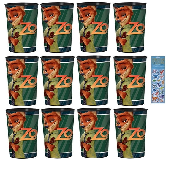 Zootopia Birthday Party Supplies Bundle includes 12 Plastic Reusable Cups 16oz and 1 Dinosaur Sticker Sheet
