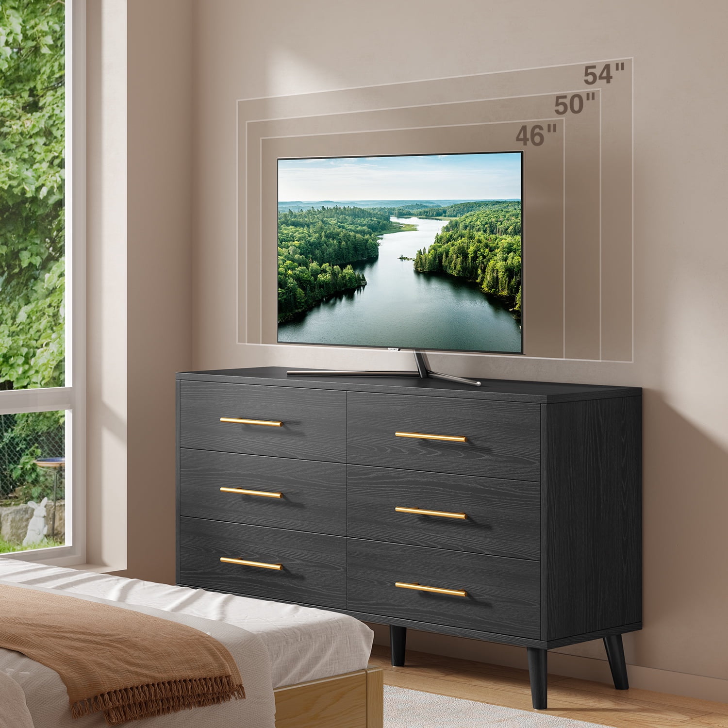 Noelse 6 Drawer Dresser with Metal Handles, Modern Black Dresser Storage Cabinet for Bedroom Home