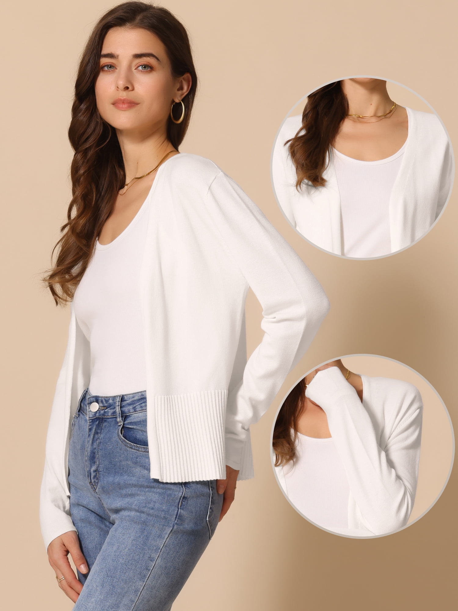 DARING DIVA Women's Open Front Long Sleeve Knit Cropped Cardigan XL White