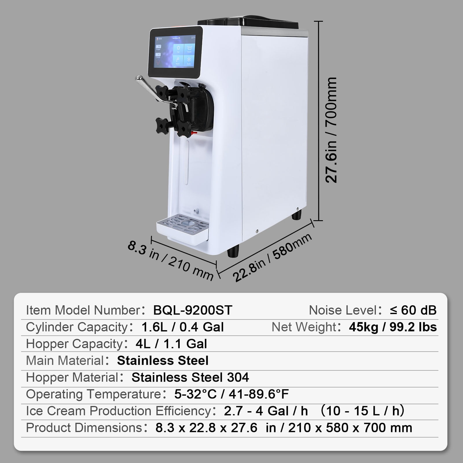 KFFKFF Commercial Ice Cream Machine 2.7-4gal/10-15L/H 4L Hopper Single Flavor Countertop Soft Serve Ice Cream Maker Auto Clean Pre-Cooling
