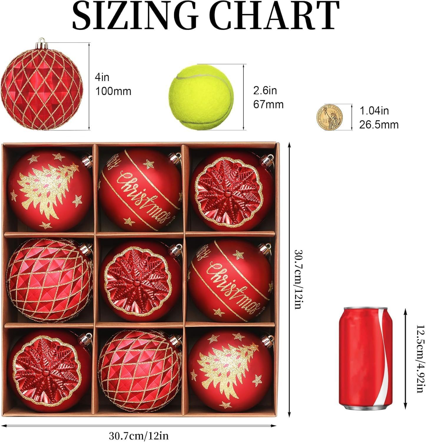 100MM/4 Inch 9PCS Large Christmas Balls Ornaments, Shatterproof Plastic Hanging Big Baubles Set for Xmas Tree Decoration Holiday Party Wedding Decorations with Hook