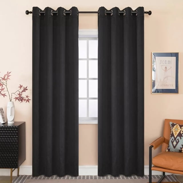 Nanwei Cortinas Blackout Opacasantiruido Térmico Opacas Para Estar/recámara Para 100% Poliéster De Sala Tela Impermeable Liso Y Suave 132 X 214cm En La Parte Superior Con Ojales 2 Paneles Negro