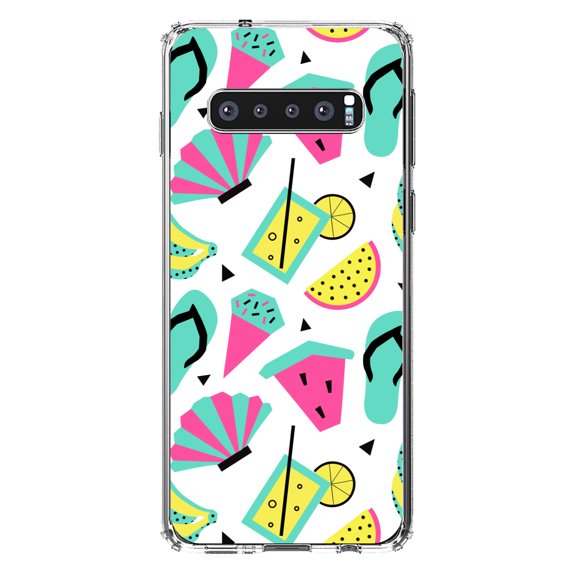 DistinctInk Clear Shockproof Hybrid Case for Samsung Galaxy S10 (6.1" Screen) - TPU Bumper, Acrylic Back, Tempered Glass Screen Protector - Summer Graphics - Flip Flops Watermelown Lemonade