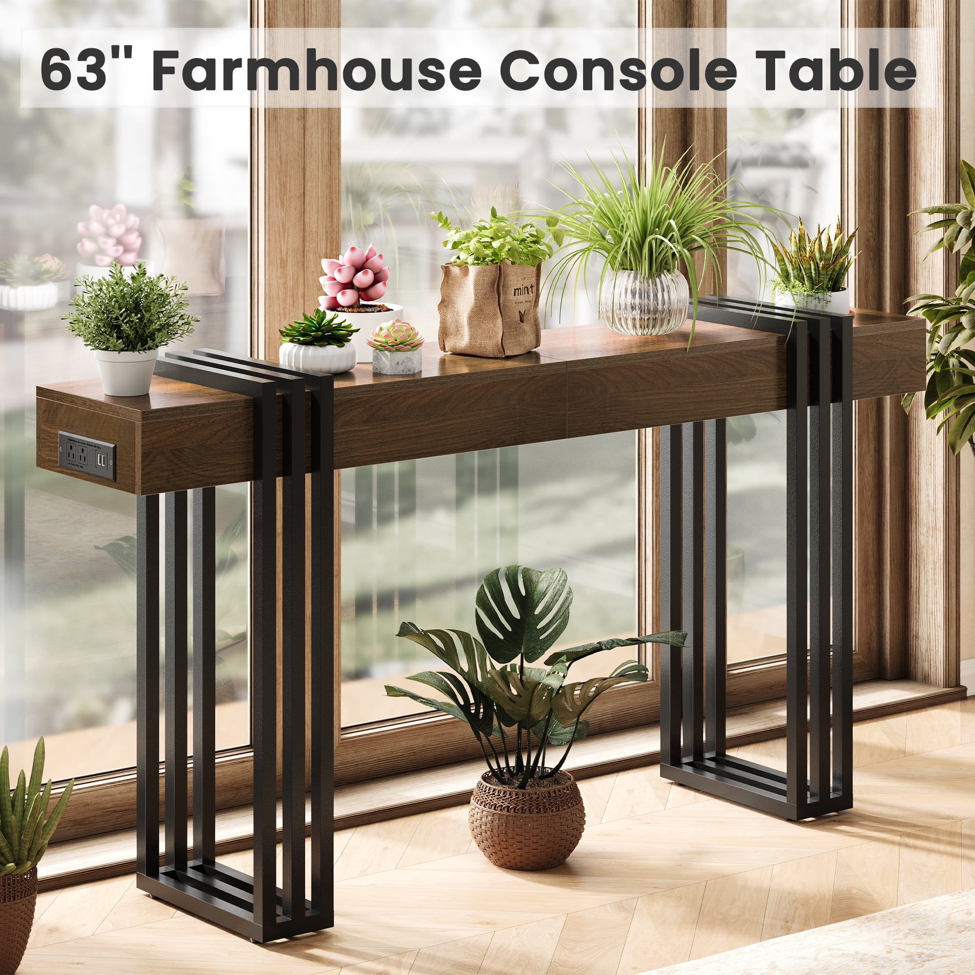 63" Long Console Table, Wood Entryway Table with Black Parallel Metal Frame & Outlet, Sofa Table Behind Couch for Hallway Living Room Foyer, Walnut