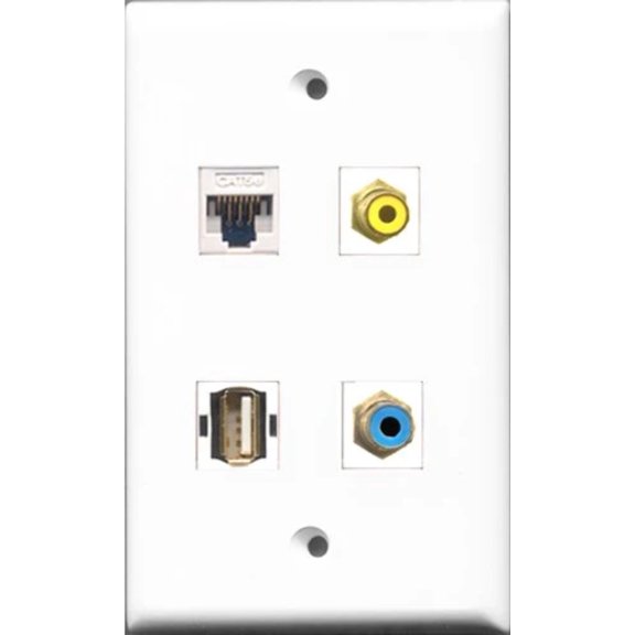 RiteAV 1 Port RCA Yellow and 1 Port RCA Blue and 1 Port USB A-A and 1 Port Cat5e Ethernet White Wall Plate