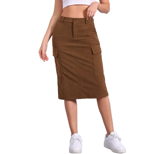 Falda Midi de Corderoy para Mujeres Inspire Chic, Cintura Alta, Espalda Elástica, Talla XL, Color Marrón